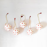 White & Red Chinar Baubles - Papier Mache Christmas Decorations in Pack of 5