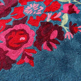 Persian Blue With Red Flowers Hand Embroidered Wool Chainstitch Rug - Zaina by CtoK