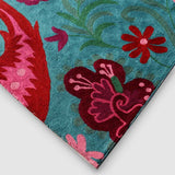 Teal Blue Hand Embroidered Chainstitch Runner Rug