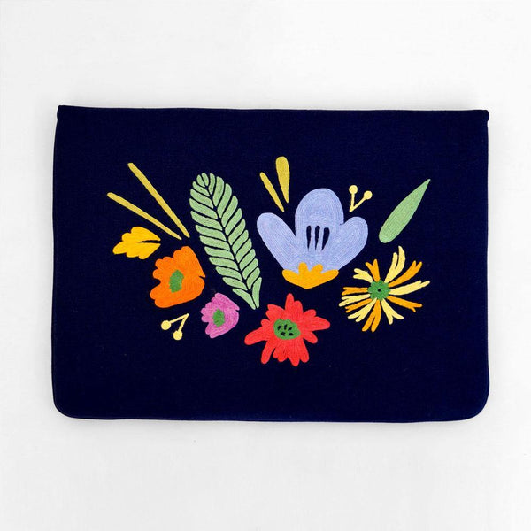 Bouquet - Aari Embroidered Laptop Sleeve Navy Blue - Zaina by CtoK