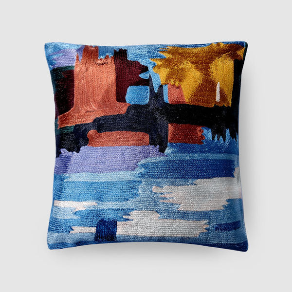 Dal Lake Musings Hand Embroidered Cushion Cover Blue