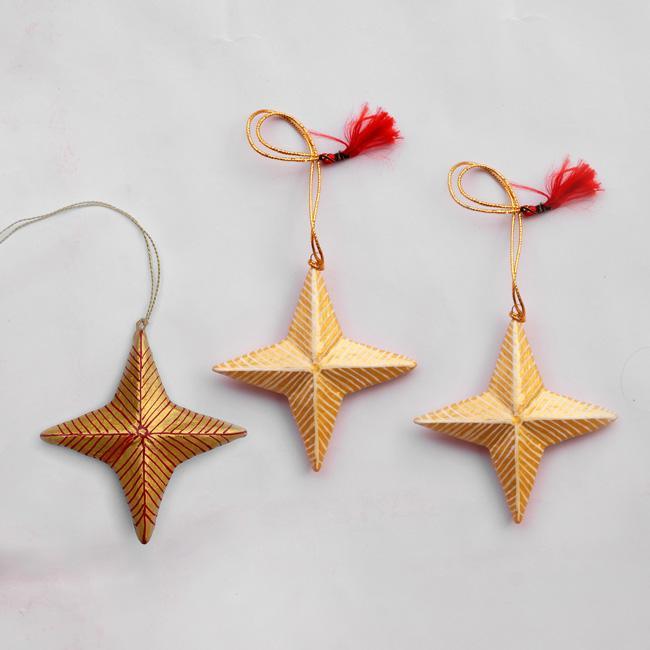 Four Pointer Star - Red and Gold Papier Mache Christmas Decorations Pack of 3 - Zaina by CtoK