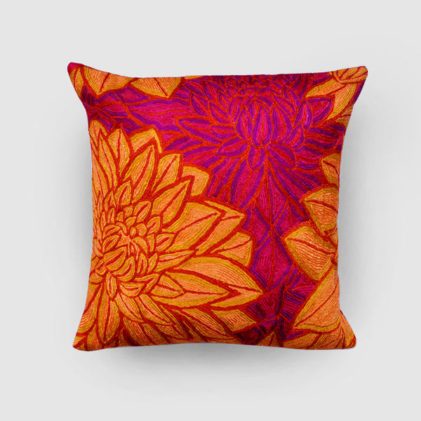 Aster Chainstitch Embroidered Cushion Cover Red & Yellow