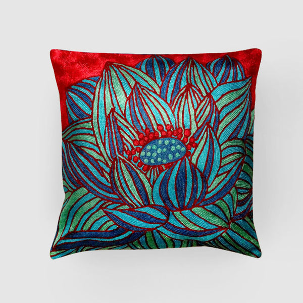 Lotus Chainstitch Embroidered  Cushion Cover Blue & Red