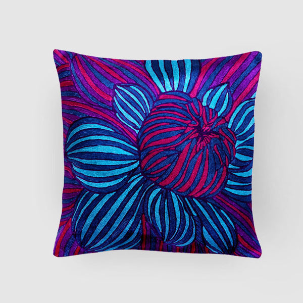 Dahlia Chainstitch Embroidered Cushion Cover Blue & Red