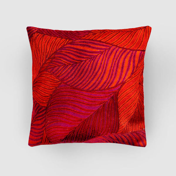 Leaves Chainstitch Embroidered  Cushion Cover Red & Yellow