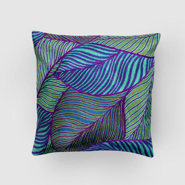 Leaves Chainstitch Embroidered  Cushion Cover Blue, Purple & Green