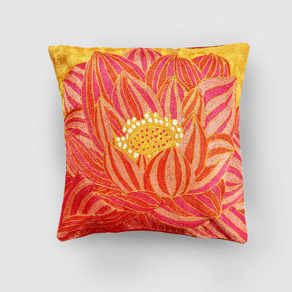 Lotus Chainstitch Embroidered  Cushion Cover Red & Yellow