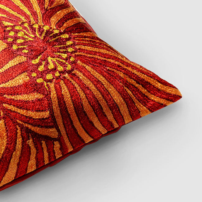 Poppies Chainstitch Embroidered Cushion Cover Red & Yellow