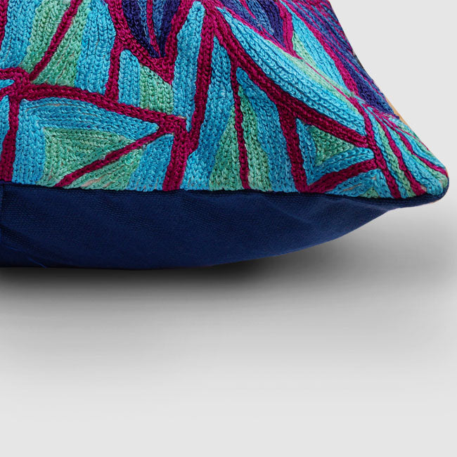 Aster Chainstitch Embroidered Cushion Cover Blue and Red