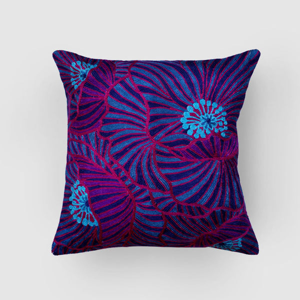 Poppies Chainstitch Embroidered Cushion Cover Blue & Red