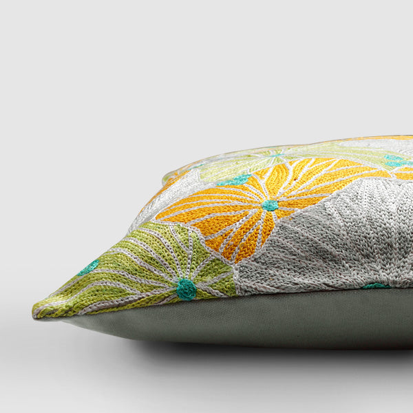 Fronds Chainstitch Embroidered  Cushion Cover - Pastel