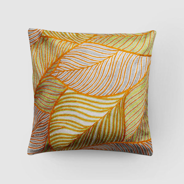 Leaves Chainstitch Embroidered  Cushion Cover - Pastel
