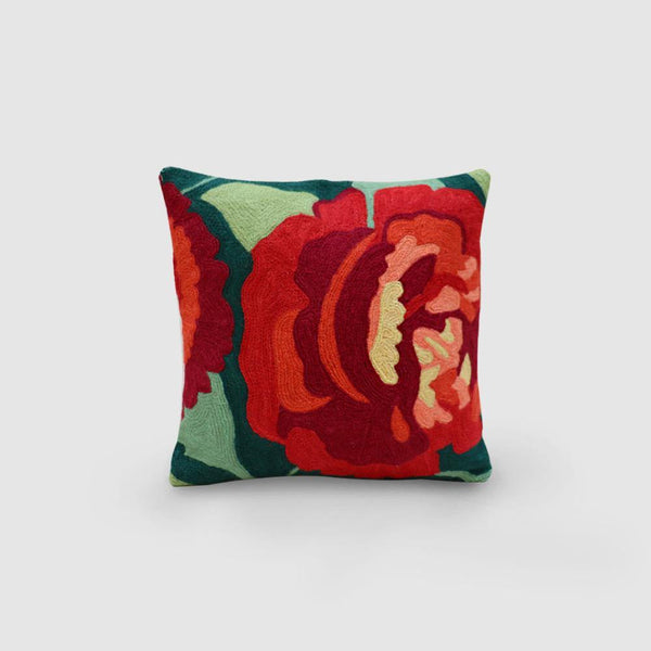 Rose Hand Embroidered Woollen Chainstitch Cushion Cover Green - Zaina by CtoK