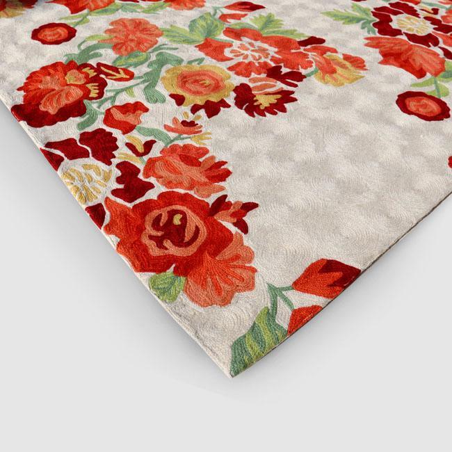 Cream With Tangerine Flowers Hand Embroidered Wool Chainstitch Rug - Zaina by CtoK