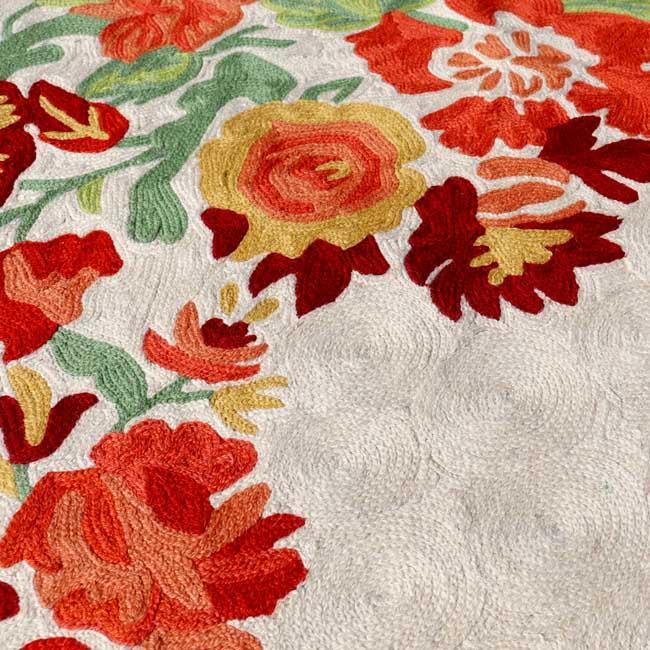Cream With Tangerine Flowers Hand Embroidered Wool Chainstitch Rug - Zaina by CtoK