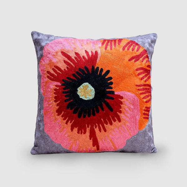 Poppy Hand Embroidered Chain Stitch Cushion Cover Grey - Zaina by CtoK