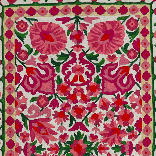 Cream with Rouge Pink Hand Embroidered Chainstitch Rug