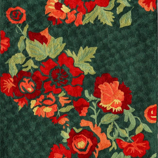 Verdant Green And Flaming Orange Hand Embroidered Chainstitch Runner Rug