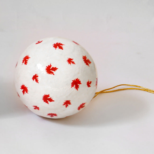 White & Red Chinar Baubles - Papier Mache Christmas Decorations in Pack of 5