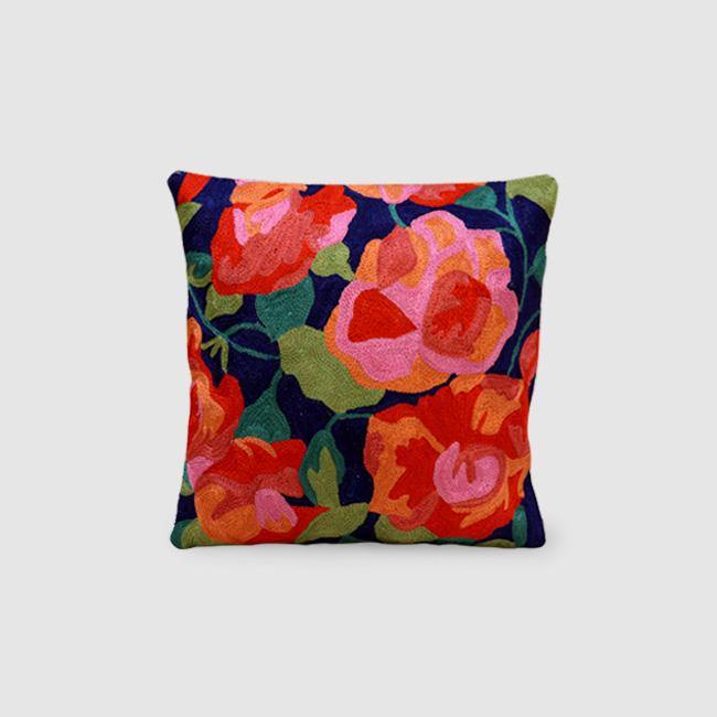 Pansy Chainstitch Embroidered Cushion Cover Navy Blue - Zaina by CtoK