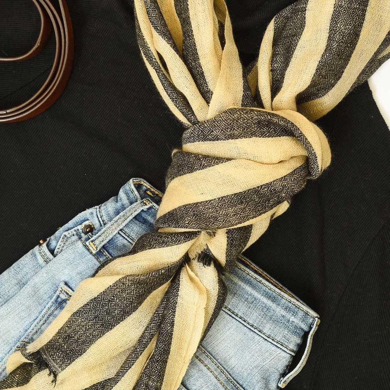 Cream Black Stripped Pure Handwoven Pashmina Stole - Zaina by CtoK