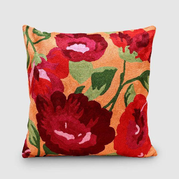 Hollyhock Chainstitch Embroidered Embroidered Cushion Cover Peach - Zaina by CtoK