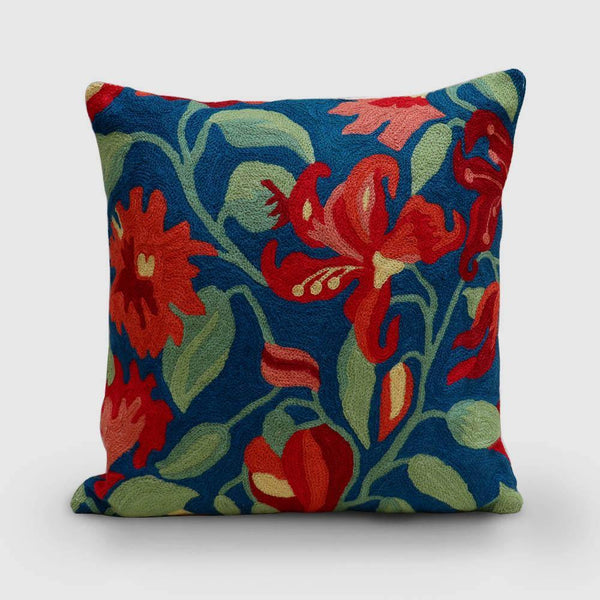 Lily Hand Embroidered Chainstitch Cushion Cover Woollen Persian Blue - Zaina by CtoK