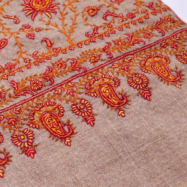 Paisley Jaal Sozni Embroidered Handwoven Pashmina Shawl Natural