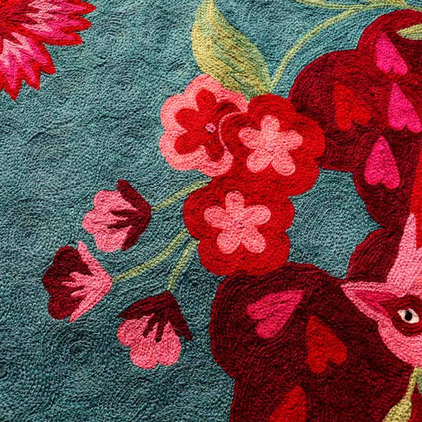 Teal Blue Hand Embroidered Chainstitch Rug