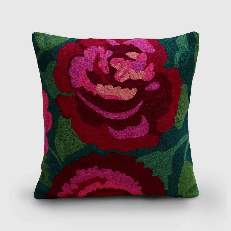Rose Hand Embroidered Woollen Chainstitch Cushion Cover Verdant Green - Zaina by CtoK