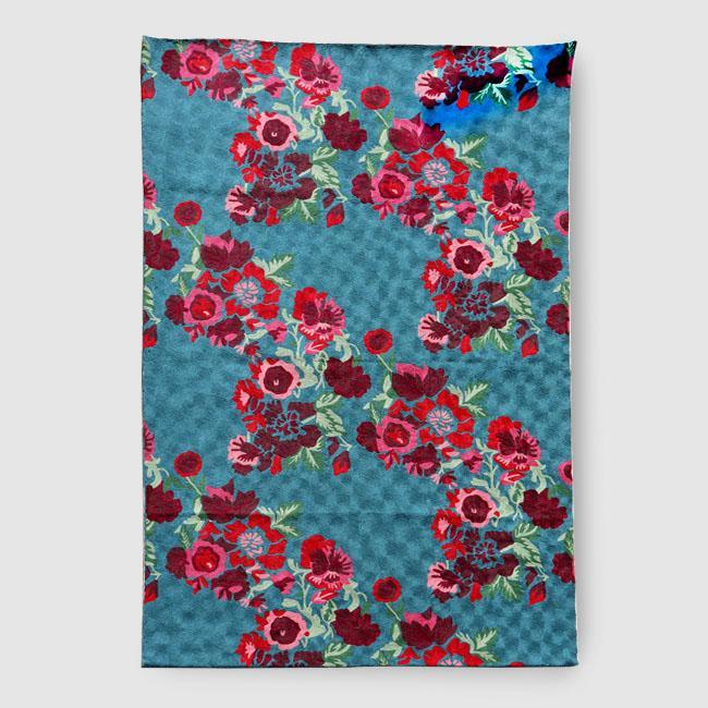 Persian Blue With Red Flowers Hand Embroidered Wool Chainstitch Rug - Zaina by CtoK