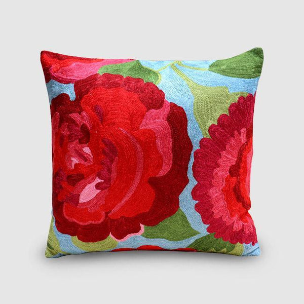 Rose Chainstitch Embroidered Cushion Cover Azure - Zaina by CtoK