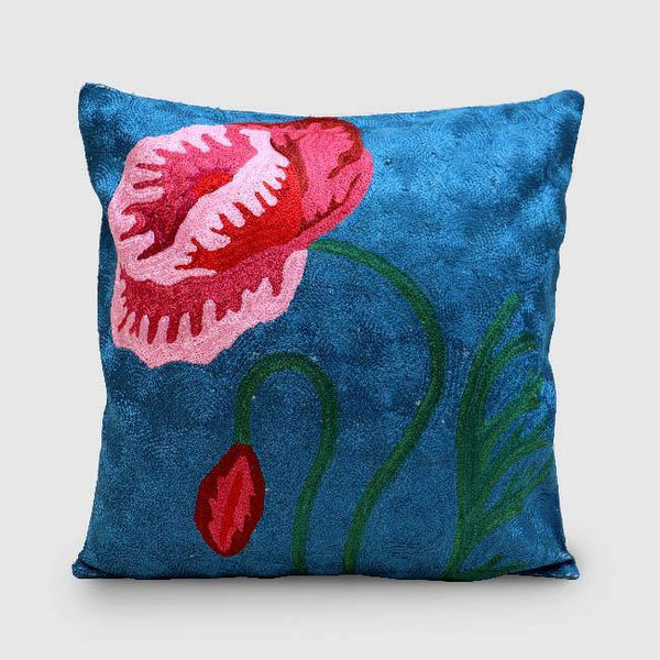 Poppy Chainstitch Embroidered Cushion Cover Single Persian Blue - Zaina by CtoK