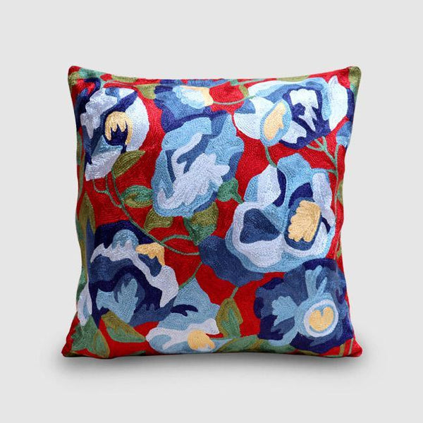 Pansy Chainstitch Embroidered Cushion Cover Crimson - Zaina by CtoK