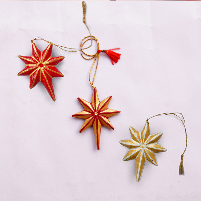 Eight Point Super Star - Red, Gold & Cream Papier Mache Christmas Decorations Pack of 3