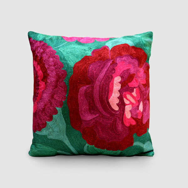 Rose Chainstitch Embroidered Cushion Jade