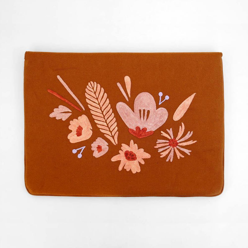 Bouquet - Aari Embroidered Laptop Sleeve Brown - Zaina by CtoK