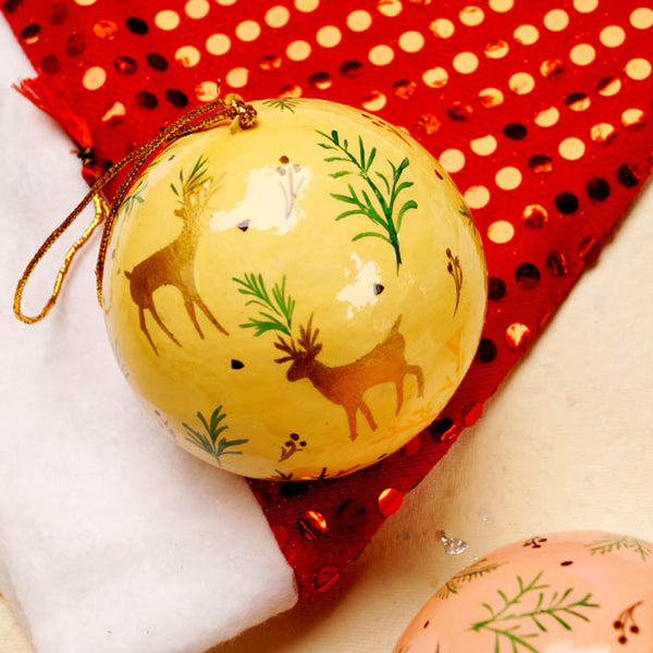 Reindeer Christmassy Baubles - Yellow Papier Mache Christmas Decorations in Pack of 5