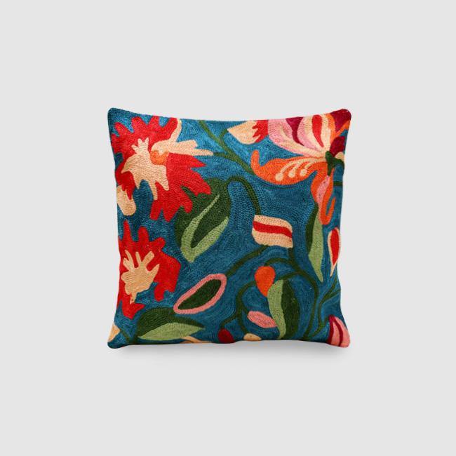 Lily Chainstitch Embroidered Cushion Cover Persian Blue - Zaina by CtoK