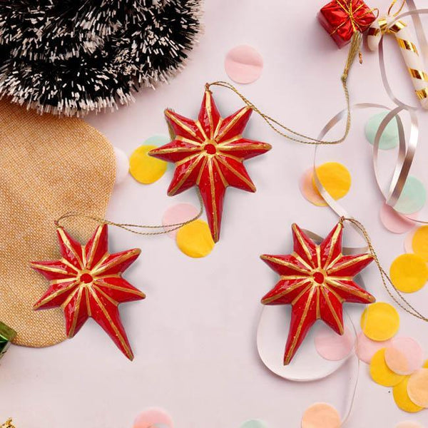 Eight Point Super Star - Red and Gold Papier Mache Christmas Decorations Pack of 3 - Zaina by CtoK